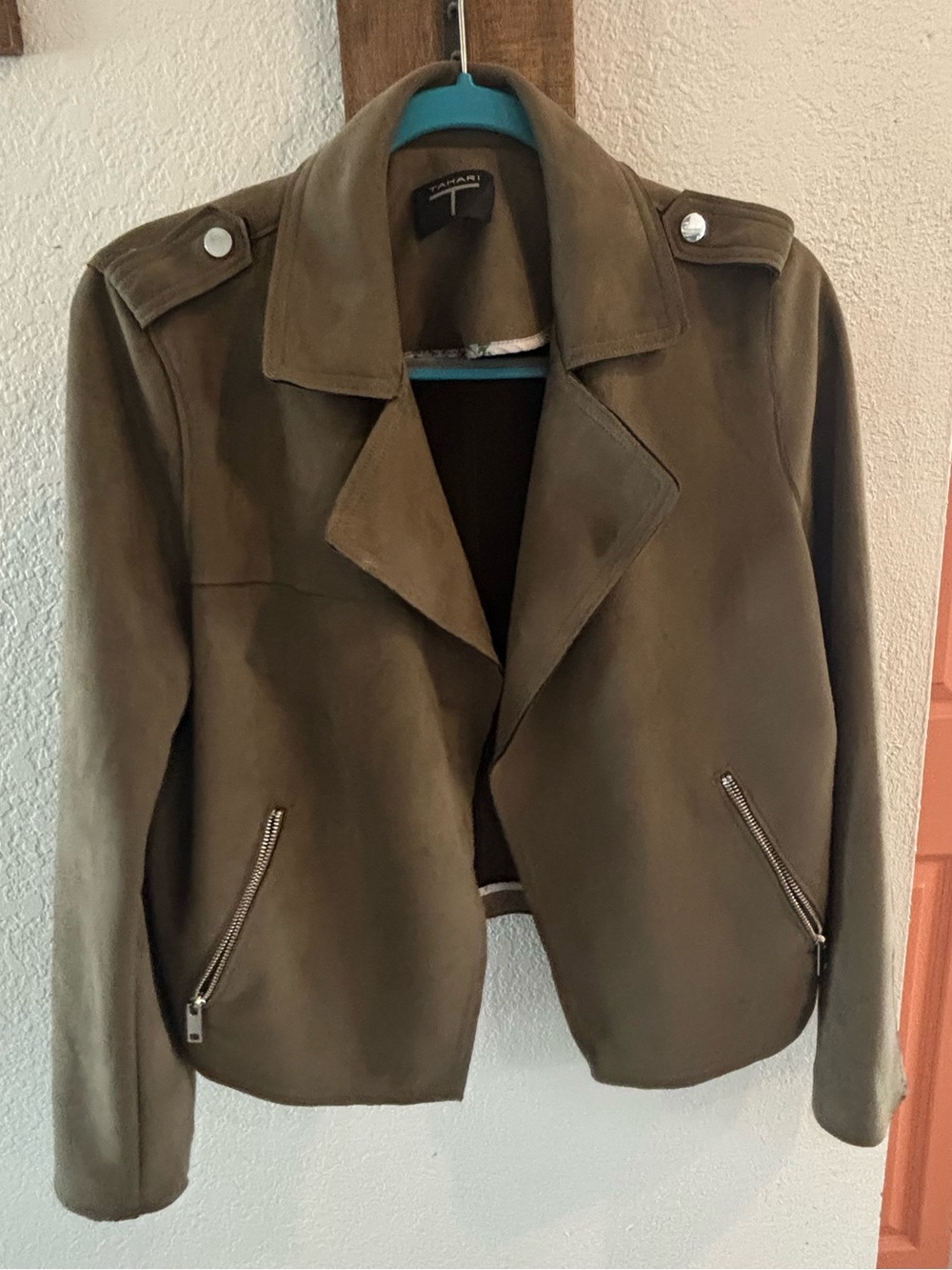 Tahari Olive Green Faux Suede Moto Jacket
